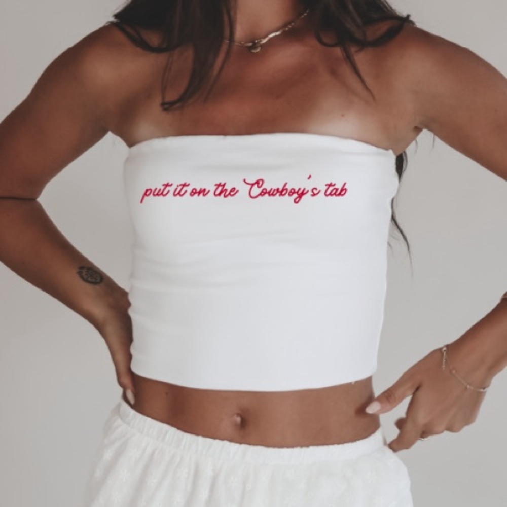 AMAZING LACE White Put It On The Cowboys Tab Graphic Cropped Tube Top Large